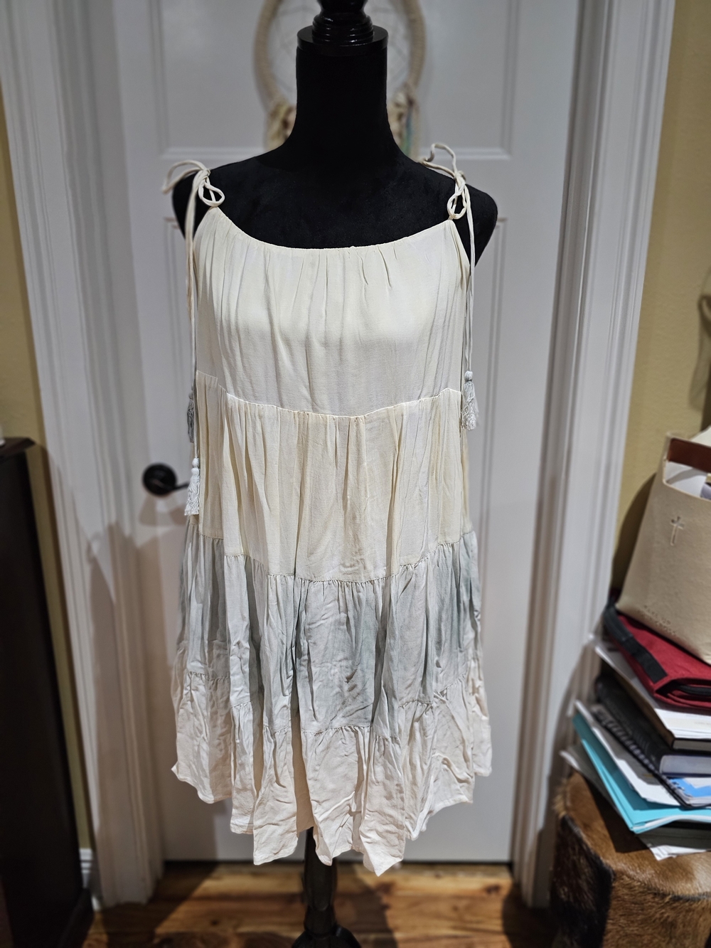 Storia Ivory to Light Blue Tiered Tie-Shoulder Sundress